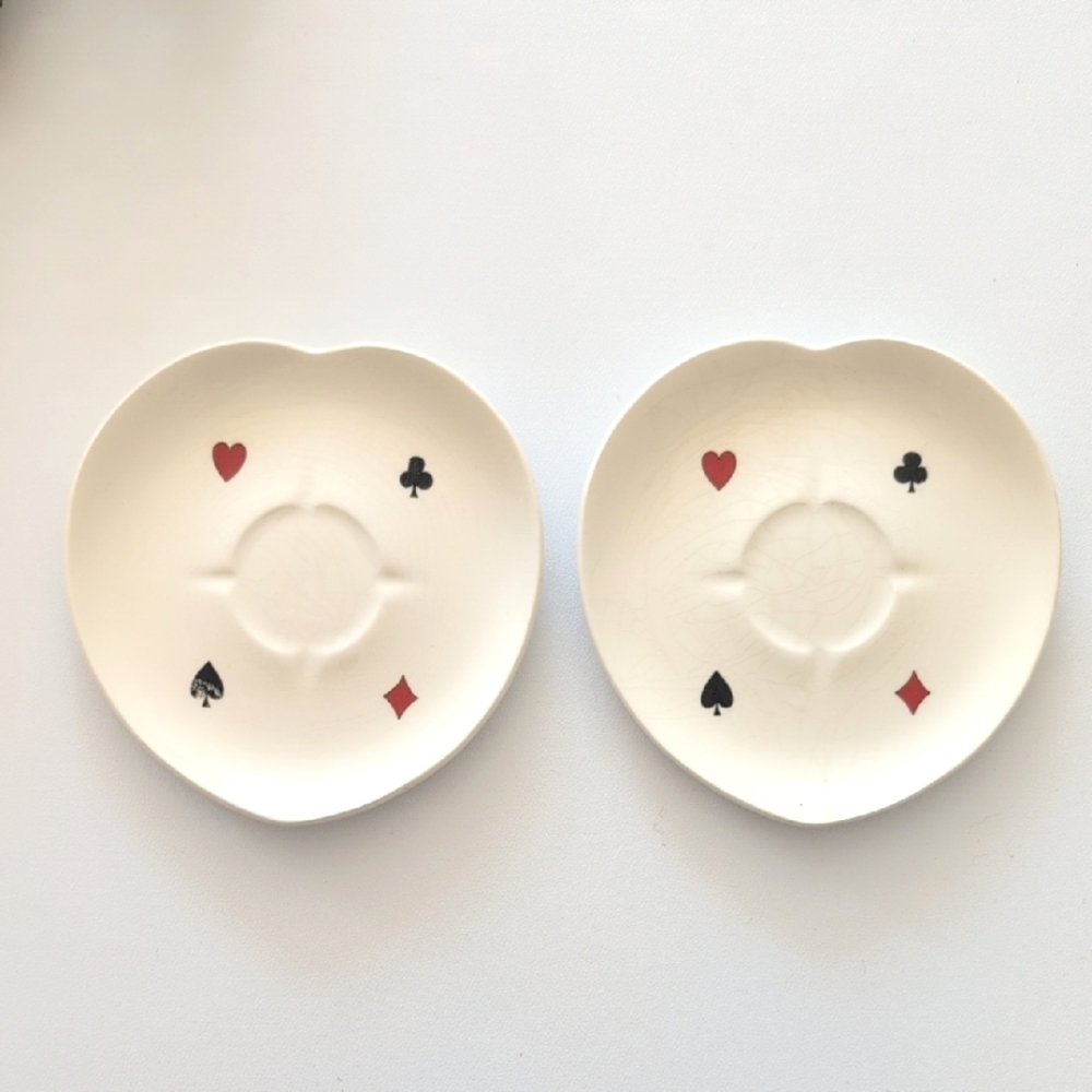(2) Vintage American Limoges Co Casino Heart Shaped Saucers W Card Suits.